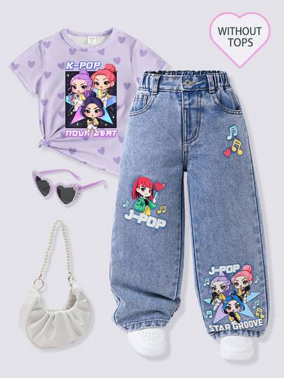 Toddler Girls' Light Blue Washed Wide Leg Jeans, Elastic Waist Design For Comfort, Cartoon Character & Music Note Print, Lively & Eye-Catching, Suitable For Spring/Autumn Wear Or Summer Layering, Versatile For Daily, School, Extracurricular Activities And Casual Outings, Creating A Casual Yet Playful Street Style For Girls