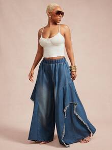 Vixey 高腰弹力腰带毛边侧片阔腿牛仔阔腿裤 - 深色水洗藍 - 查看 3