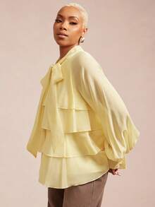 Vixey Sheer Textured Chiffon Tiered Peplum Hem Balloon Sleeve Scarf Top - Yellow - View 4