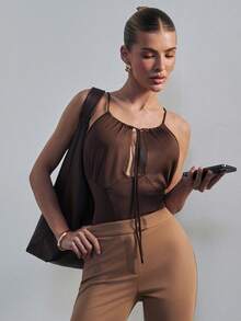 Hauture Áo liền thân nữ cổ khoét hình giọt nước có dây rút, kiểu dáng gợi cảm, thích hợp mặc đi làm. - Cà phê nâu - Xem 3