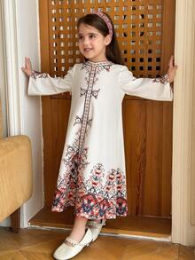 Dazy Kids Young Girl Floral Print Casual Long Sleeve Dress For Party & Outing - White - View 5