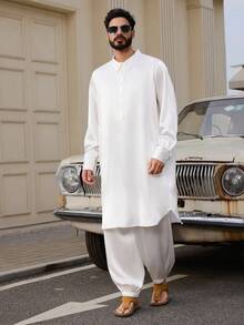 DAZY Spring Long Sleeve Robe & Pants Set, Middle Eastern Style White Robe & Shirt For Men - White - View 7