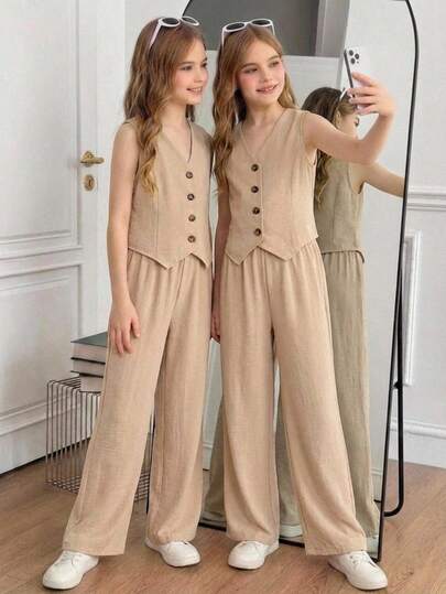 SHEIN 少女休闲通勤纯色单排扣无袖上衣和阔腿裤套装，春夏款