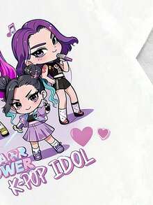 Áo thun ngắn tay cổ tròn in họa tiết hoạt hình K-POP hình ngôi sao, phối màu, thích hợp cho bé gái mặc hàng ngày và đi nghỉ mát, mùa xuân/hè/mọi mùa. - trắng - Xem 4