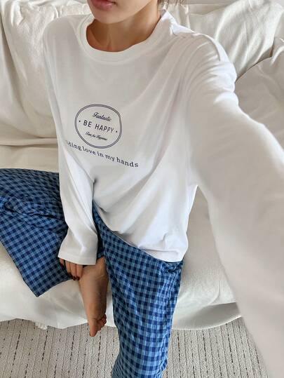 DAZY 2pcs/Set Women Graphic Print Loose Long Sleeve T-Shirt And Straight Long Pants Casual Sleepwear Suit, Spring