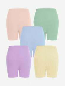 5pcs/Set Girls' Black Solid Color Minimalist Comfortable Tight Shorts/Leggings - Multicolor - View 2