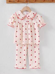 2件套 女童优雅草莓图案纹理翻领荷叶边短袖上衣和裤子睡衣套装 - 杏色 - 查看 7