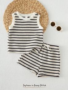 Cozy Pixies Baby Girl Black & White Striped Sleeveless Vest And Elastic Waist Shorts 2 Pieces Set - Black and White - View 3