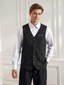 Officeau 男士条纹商务休闲马甲，Old Money - 黑色 - 查看 3