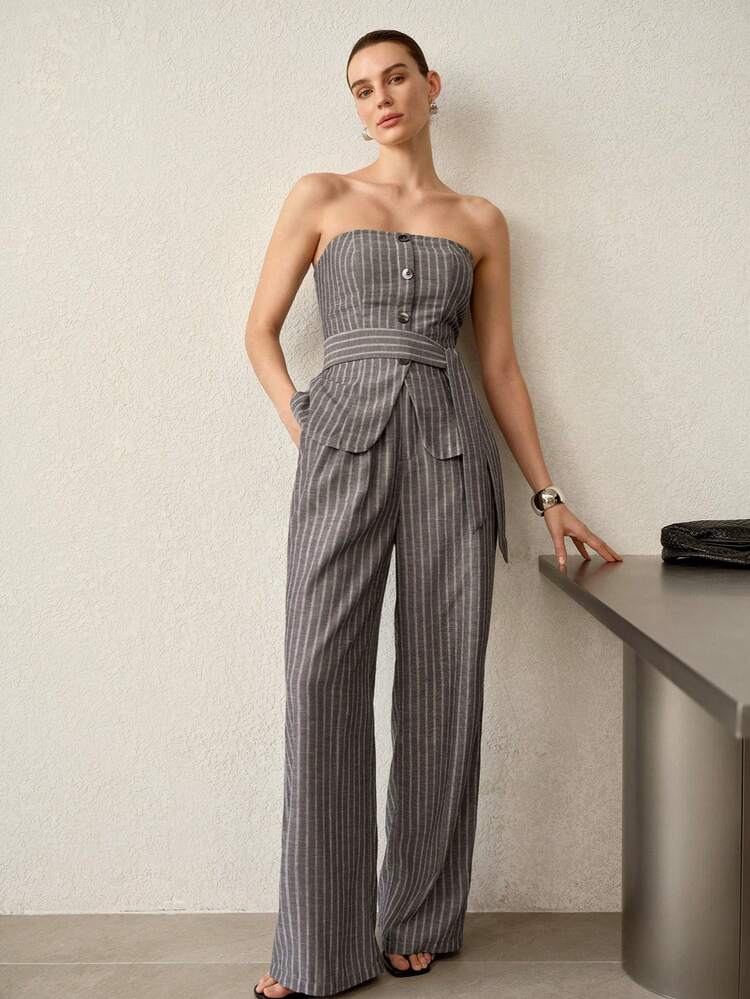 2PCS CASUAL STRIPED PRINT BUTTON FRONT BELTED TUBE TOP AND PANTS SET