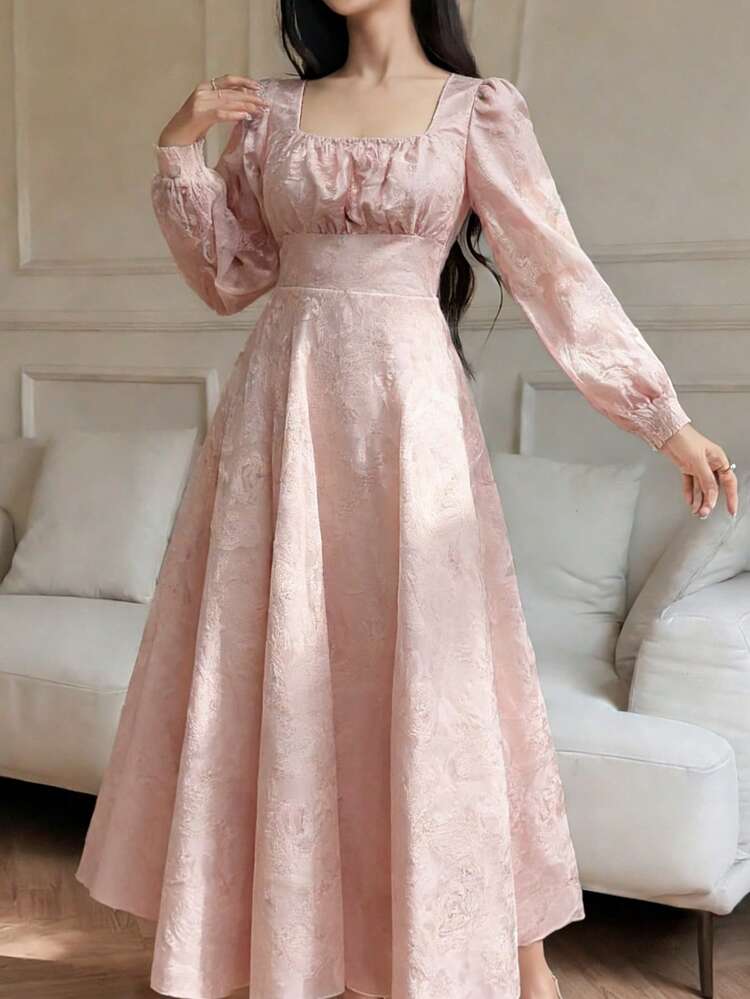 Spring & Summer Pink Floral Print Dress, Elegant Fit & Flare Dress With Puff Sleeves For Wedding, Party, Formal Occasions Dress Sundress