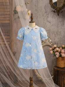 Young Girl Elegant Floral Mesh Dress - Baby Blue - View 3