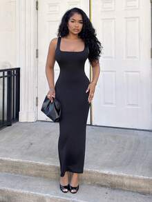 Alexandranx 纯色圆领背心裙，女士夏季连衣裙 - 黑色 - 查看 3