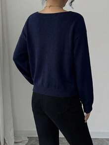 SHEIN Cottnline 女士纯色圆领休闲百搭长袖套头毛衣 - 藏蓝色 - 查看 2