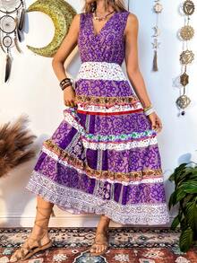 紫色波西米亚风印花无袖连衣裙，度假风长裙 - 彩色 - 查看 4