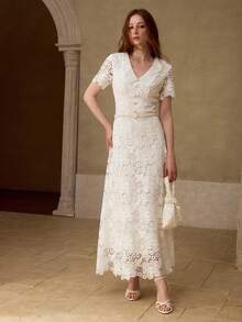 MOTF PREMIUM ELEGANT FLORAL LACE OVERLAY BELTED DRESS FOR WOMEN - White - View 5