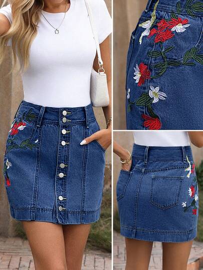 EMERY ROSE Chân váy denim nữ dáng casual, thêu hoa, cài cúc đơn, có túi.