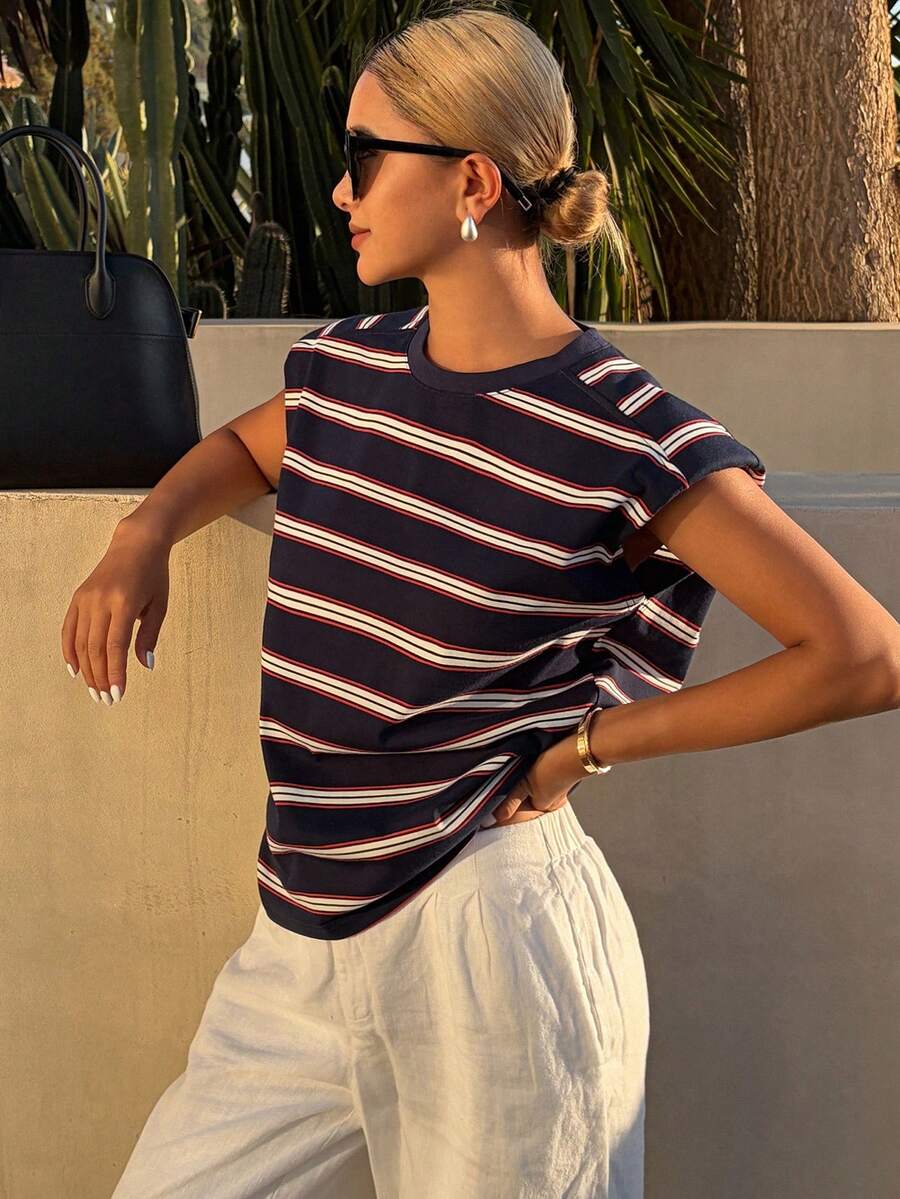 DAZY Striped Round Neck Sleeveless Padded Shoulder Women T-Shirt Summer Y2k - Navy Blue - View 1