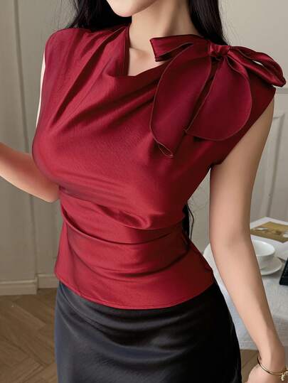 Women's Solid Color Bow Decor Fitted Elegant Cap Sleeve Blouse Summer