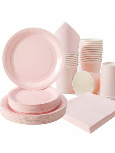 Light Pink Disposable Plates, Napkins, And Paper Cups, As Well As Light Pink Plates, Paper Towels, And Paper Cups, Are Party Supplies Suitable For 25 Guests. These Disposable Paper Plate Party Tableware Are Perfect For Birthdays, Weddings, Parties, And Family Picnics