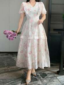 DAZY Gentle Lace Patchwork V-Neck Ruffle Hem Dress, Romantic Fairy Style, Summer Sundress - Baby Pink - View 3