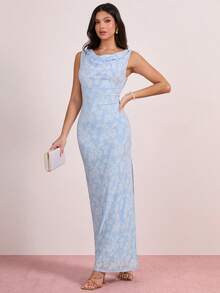 Enchnt Spring/Summer Romantic Women's Jacquard Blue Backless Side Slit Sleeveless Maxi Dress,Sweet&Elegant For Vacation&Date&Holiday&Going Out,Spring Outfit Women - Gray Blue - View 8