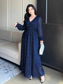 Dazy Plus Vestido elegante de manga farol con cuello en V y cintura fruncida, adecuado para citas y fiestas. Vestidos de verano para mujer de talla grande - Azul Marino - Ver 4