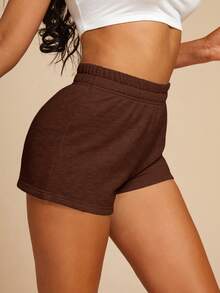 SHEIN SXY 休闲纯色弹力腰短裤，夏季 - 棕色 - 查看 6