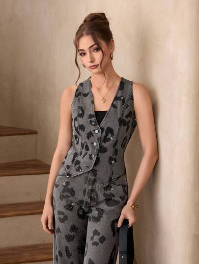 Selenza Chaqueta vaquera sin mangas con estampado de leopardo y decoración de diamante de imitación para mujer, de verano