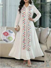 Al Najma 女士保守刺绣领连衣裙 - 白色 - 查看 2