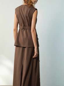 Maija 女士V领贴花腰带V领时尚无袖薄款西装外套 - 棕色 - 查看 6