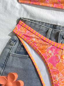 Swim Mod 2pcs/Set Women's Beach Bikini Set, Random Colorful Ocean Element & Shell Strap, Geometric Contrast Trim Design - Multicolor - View 6