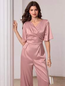 Modelyn Satin Pleated Waist Short Sleeve Elegant Jumpsuit, Powder Pink - Dusty Pink - View 1