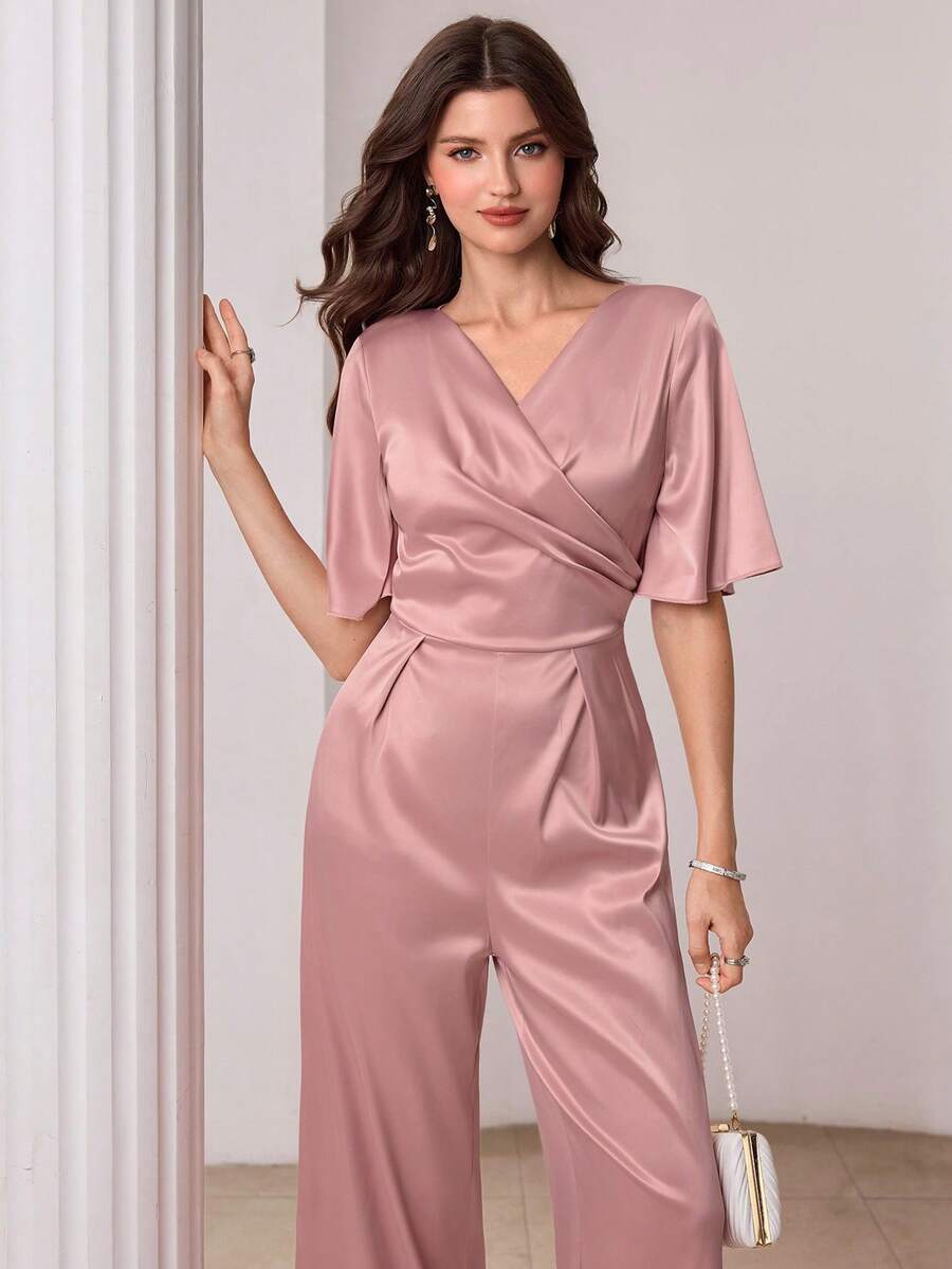 Modelyn Satin Pleated Waist Short Sleeve Elegant Jumpsuit, Powder Pink - Dusty Pink - View 1
