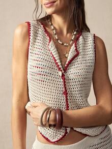 Bohemela Women's Round Neck Cardigan Sleeveless Knit Sweater Top - White - View 6