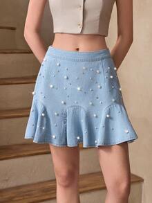 Selenza 女士仿珍珠装饰时尚荷叶边牛仔迷你裙 - 藍色 - 查看 1