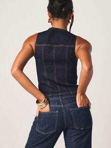 MISSGUIDED Women's Sleeveless Cut Out Denim Tank Top With Front Zip Closure Dark Wash Fitted Vest Summer - Dark Wash - View 2