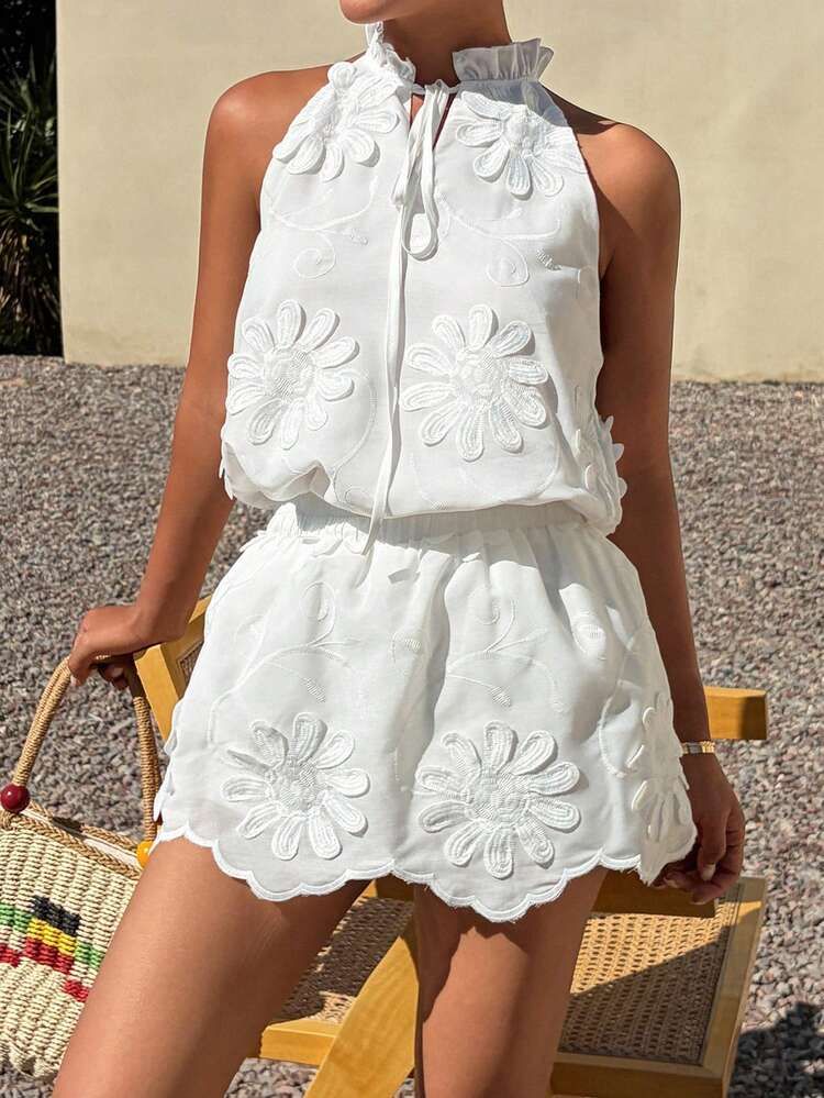 Women's Summer Floral Decor V-Neck Camisole And Elastic Waist A-Line Mini Skirt Set