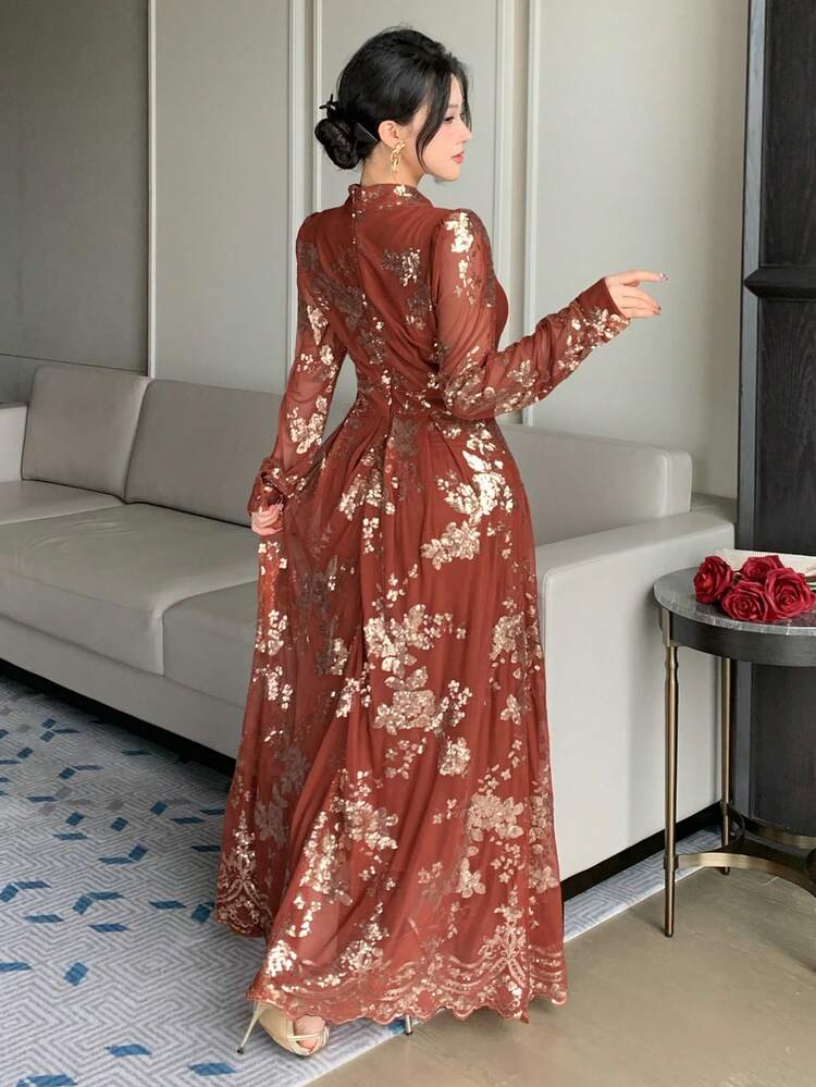 Women's Elegant Sequin Floral Print Stand Collar Petal Sleeve Dress, Spring/Summer,Wedding Guest Dress Women Sundress