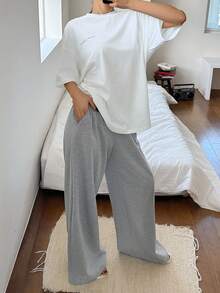 DAZY 女士休闲宽松印花T恤和直筒裤两件套，夏季 - 白色 - 查看 7