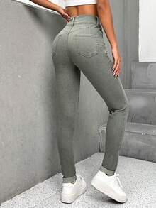 SHEIN PETITE Women's Solid Color Fitted Casual Jeans With Belt Loops, Versatile For Daily Wear ,Petite Women - Army Green - View 8