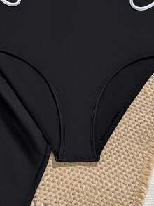 SHEIN Teen Girls One-Piece Swimsuit With Waist Hollow-Out Design & Triangular Scarf Cover-Up, Suitable For Summer Vacation & Beach - Black - View 7