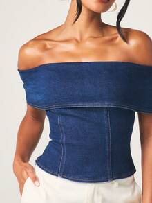 MISSGUIDED Áo croptop denim co giãn trễ vai dành cho nữ, có chi tiết gập vạt, màu xanh denim trung bình, kiểu dáng thời trang mùa thu, thích hợp mặc thường ngày. - Màu xanh lam - Xem 4