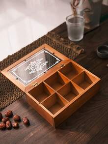 1 Pc Wooden 6-Compartment Desktop Storage Box, Clear Glass Flip Top Lid Organizer For Tea Bags, Coffee, Dried Fruits & Candy, Creative Home Decor Ornament - Black - View 6
