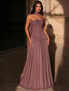 Glamrae Elegante vestido de gasa azul nebuloso de lujo con pedrería hecho a mano, 2 en 1 con cuello colgante de lentejuelas desmontable, adecuado para todas las ocasiones formales, elegante vestido de noche - Rosa vieja - Ver 1