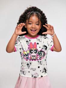 THE POWERPUFF GIRLS X SHEIN 女童休闲卡通印花短袖T恤，夏季 - 彩色 - 查看 2