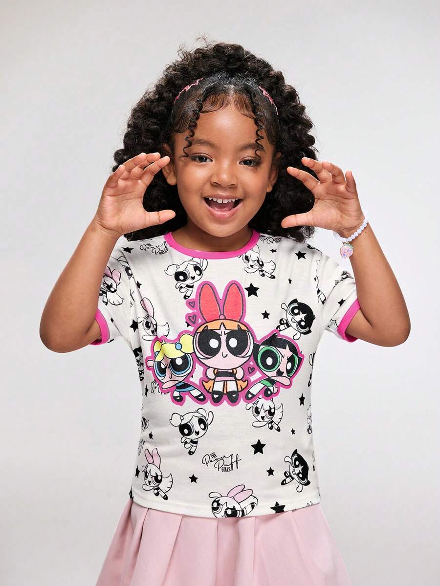 THE POWERPUFF GIRLS X SHEIN Young Girls' Casual Cartoon Print Short Sleeve T-Shirt, Summer - Multicolor - View 1
