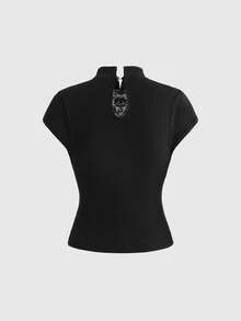 ROMWE Dark Academia Gothic Embroidered Scorpion Women T-Shirt - Black - View 6