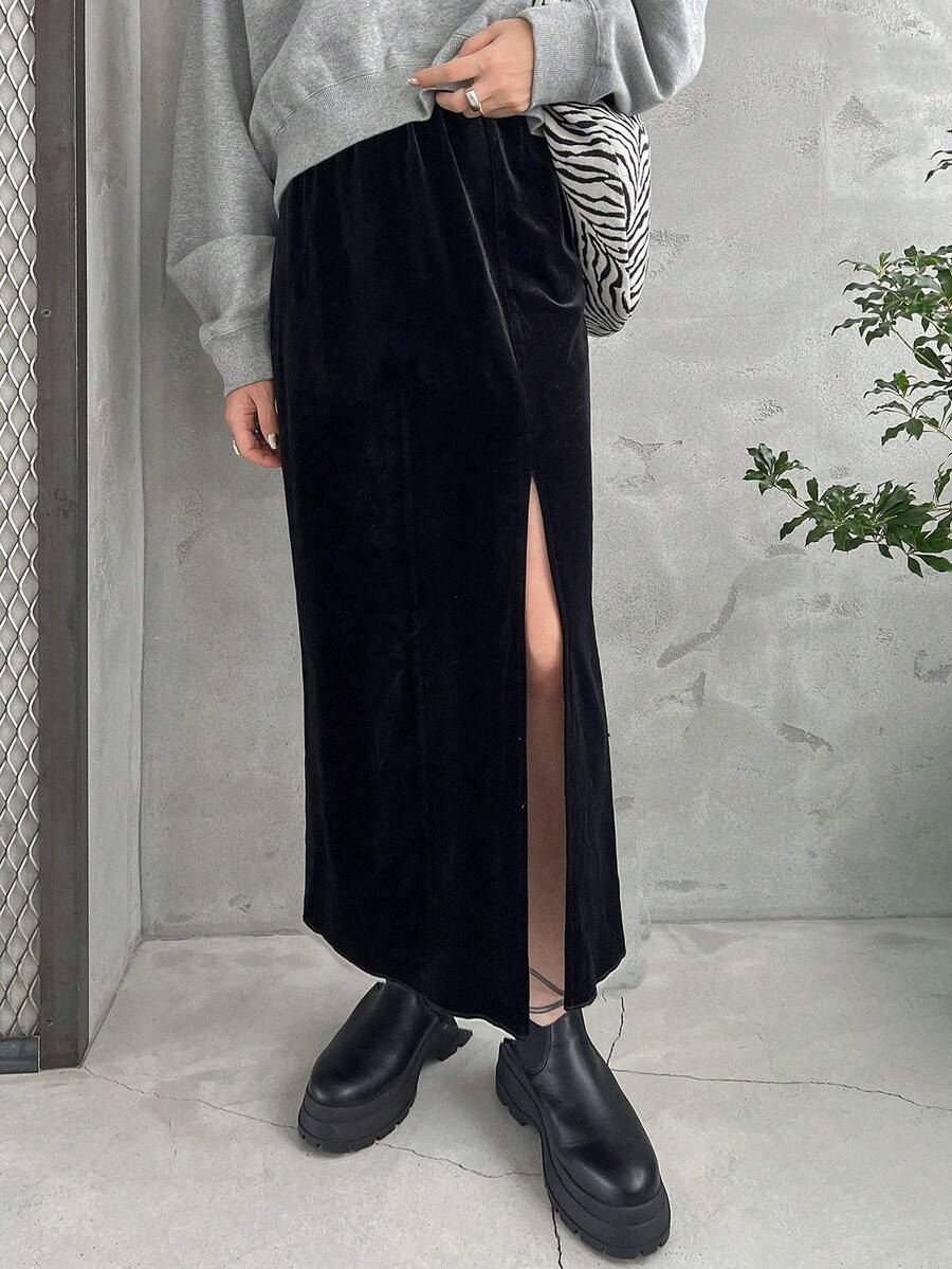 FRIFUL 女士丝绒直筒高开衩裙 - 黑色 - 查看 1