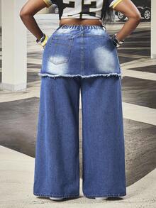 Slaydiva Plus Size Women Pocket Button Distressed Casual Versatile Daily Wear Wide Leg Jeans - Blue - View 2